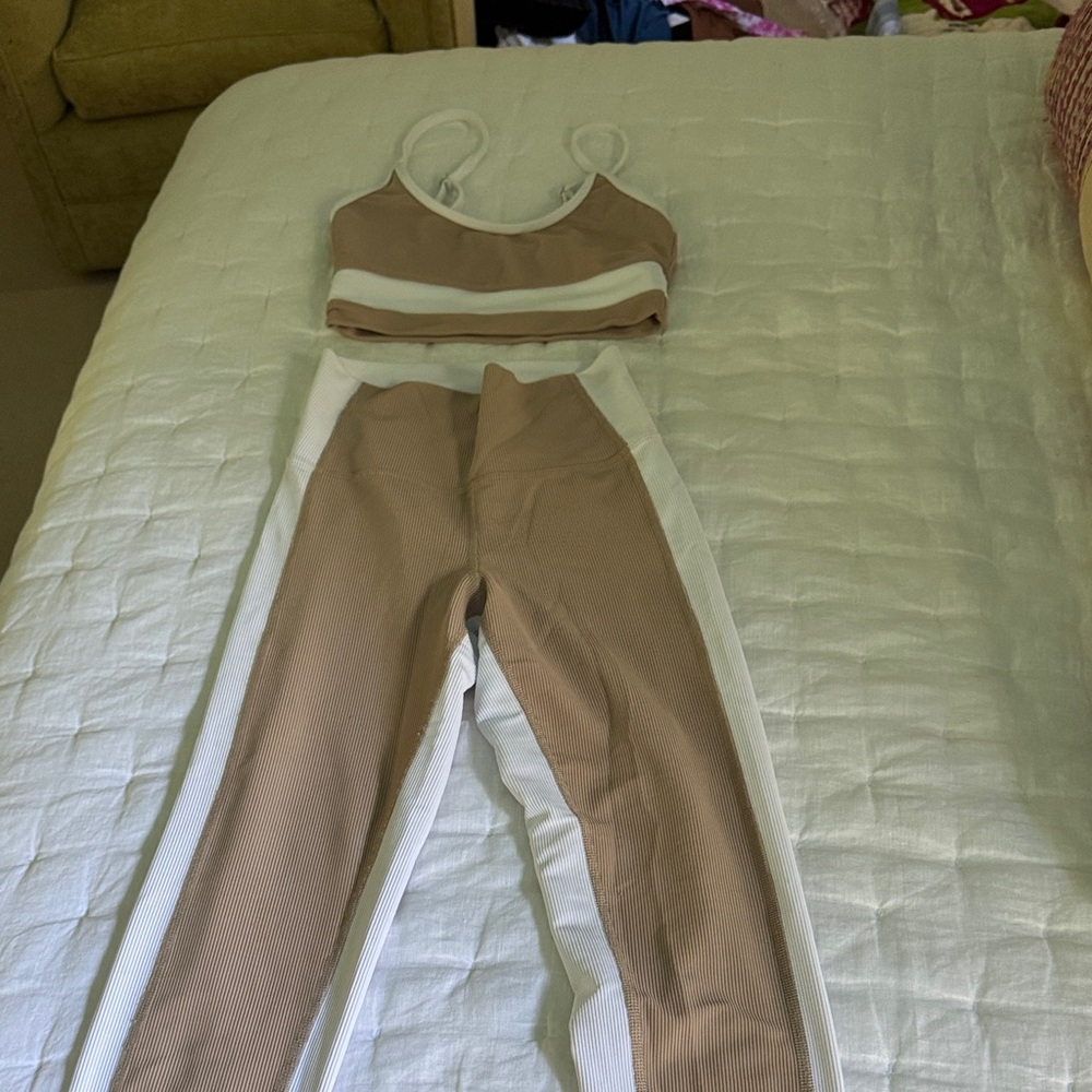 Tan and White Beach Riot workout set